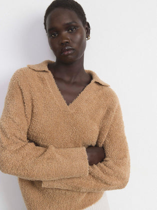 The Fuzzy Johnny Collar Sweater in Caramel Brown